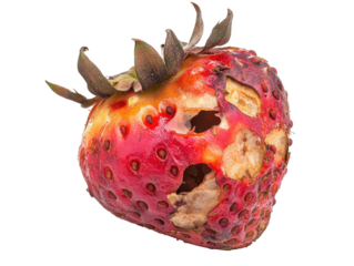 Close-up of a damaged, overripe strawberry showing signs of decay and rot in a natural setting on transparent background