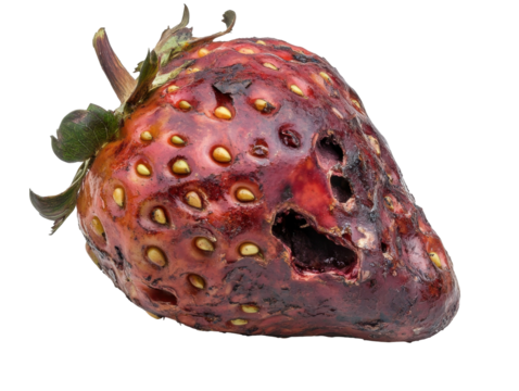 Overripe Strawberry with Mold and Decay, Highlighting Natural Decomposition and Food Waste Awareness on transparent background