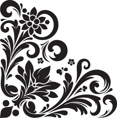 Elegant Black Floral Corner Ornament Vector Design with Vintage Swirl Patterns – Decorative Botanical Frame Element for Invitations, Tattoos, and Graphic Projects.