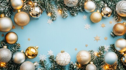 Christmas ornaments, frame, light blue background, holiday decoration