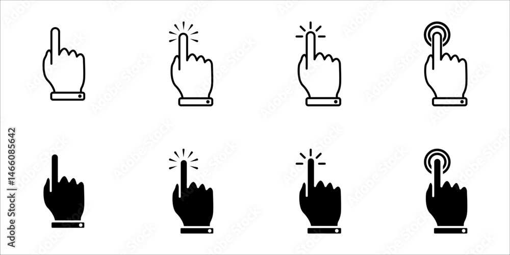 Poster collection of hand pointing symbols in trendy flat style. computer mouse click cursor in white backg