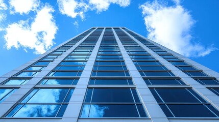 Obraz premium Modern architectural urban exploration a high rise building against the vivid sky with clouds, an emblem of commercial development