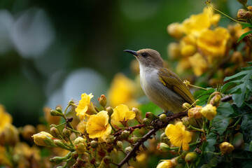 Obraz premium Bird Drinking Honey from Flower – Close-Up Nature Scene in Ultra Realism