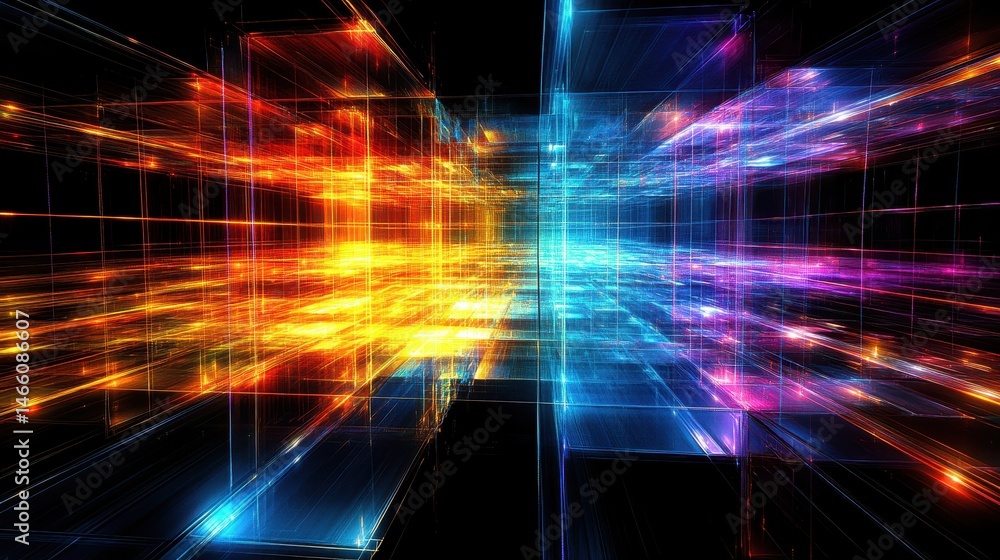 Aufkleber vibrant data flow visualization with dual color spectrums and digital network connections for modern