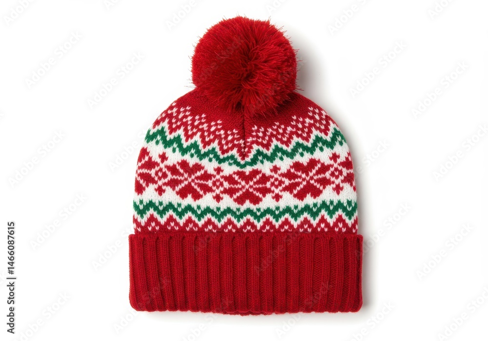 Poster red winter hat with snowflake pattern and pompom on white background