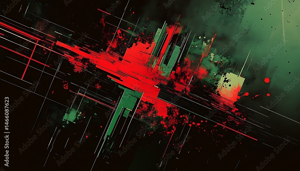 Poster abstract background with red and green rectangles, grunge splatters and diagonal lines