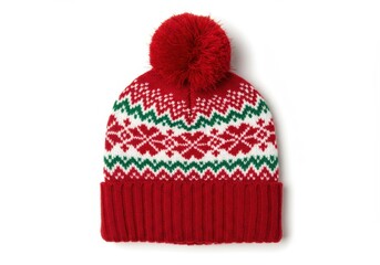 Red winter hat with snowflake pattern and pompom on white background