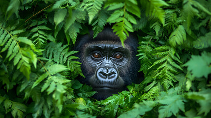 A gorilla is standing in a jungle with green leaves and trees