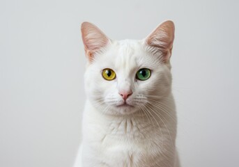 Obraz premium Portrait of a white cat with heterochromia, one yellow eye and one green eye
