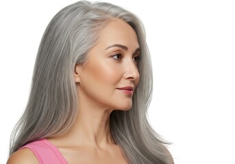 Profile of a mature woman with long gray hair looking to the right on white background
