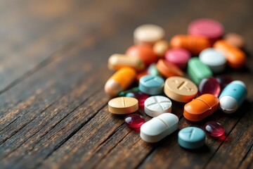 Close-up of various pain relief pills and capsules against a textured wood background , ache, organic, holistic