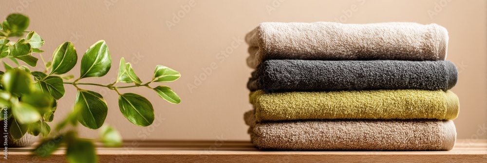Poster Freshly Folded Towels on a Wooden Bench With Lush Greenery for a Calming Interior Atmosphere Generative AI