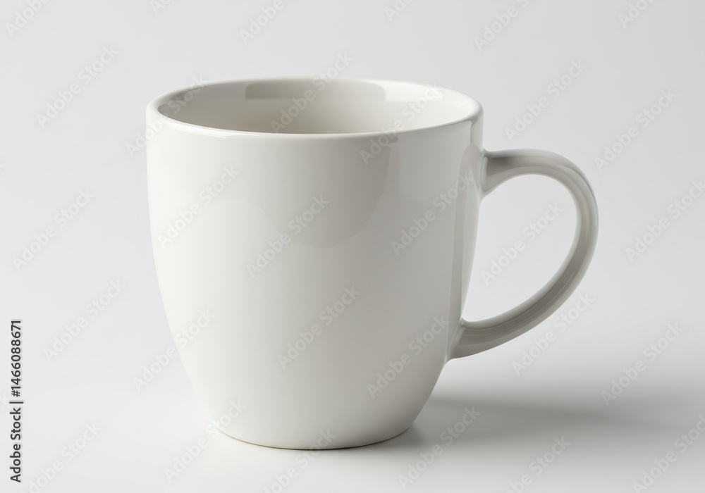 Poster a simple white ceramic mug with a handle sits on a white surface in a studio setting