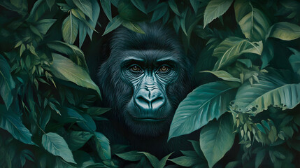 A gorilla is standing in a jungle with green leaves and trees
