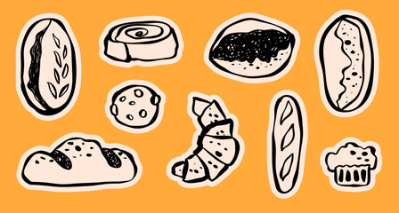 hand drawn bakery bread stickers and logo vintage retro style for baking food company, cookies, croissant, challah, sourdough, flour, butter, muffin