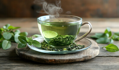 Steaming green teacup fresh leaves tranquil scene