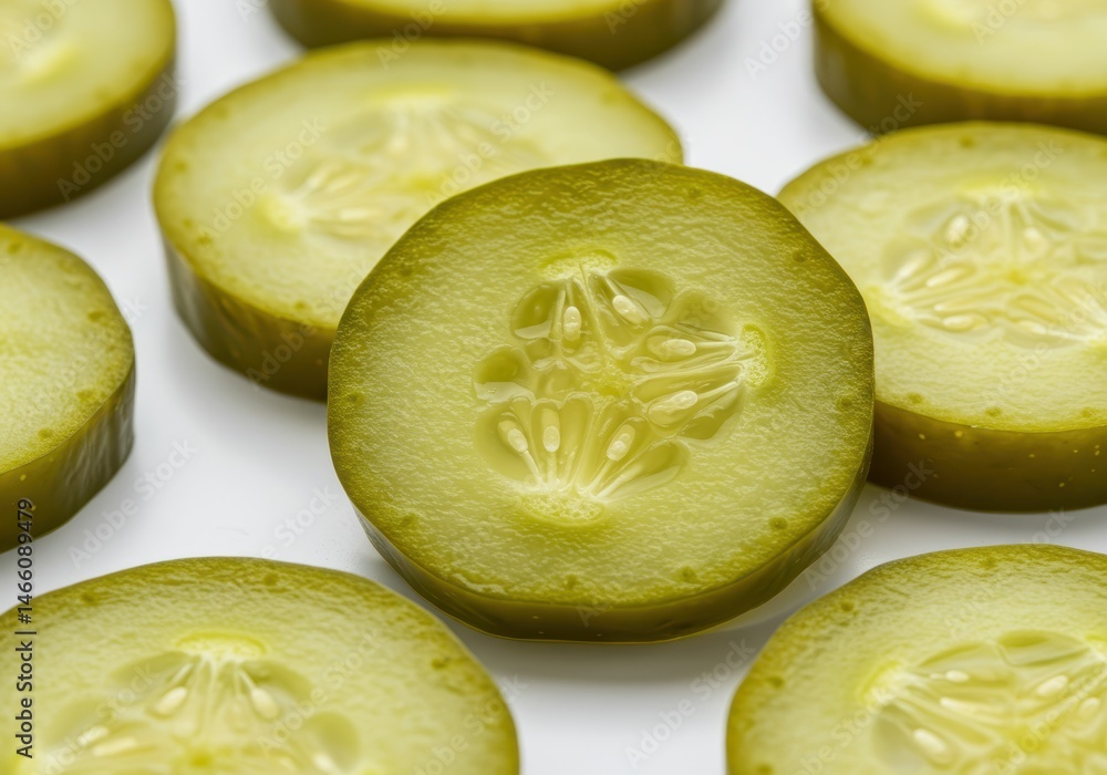 Poster close-up of sliced dill pickles showing the inner seeds and texture on a white surface