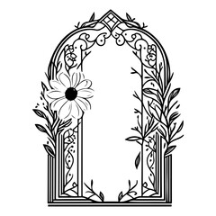 Intricate floral archway illustration featuring botanical elements and linear artwork