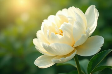 Fototapeta premium Creamy white peony petals, gentle curve, sunlight gleam, background, white petals