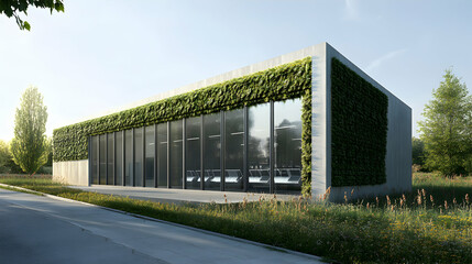 Obraz premium Modern building with large windows and a green roof in a natural setting.