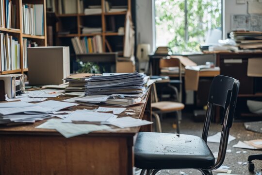 A classroom during lunch break with chairs pushed in A teacher is sorting through papers on the desk, tidying up the space The feeling is calm and productive