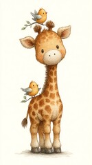 Adorable Baby Giraffe with Two Cheerful Little Birds Perched on its Back and Head
