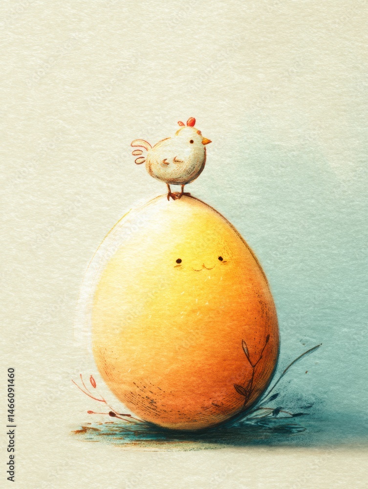 Leinwandbilder sketch of a playful chicken perched on a cheerful egg against a soft pastel backdrop for a whimsical