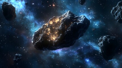 Fototapeta premium Asteroid with Alien Structures: A mysterious asteroid with alien structures built on its surface, drifting through the cosmos. 