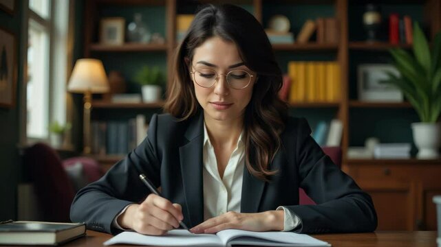 A committed lawyer works diligently in a serene library setting, focusing on legal documentation to support her case for justice
