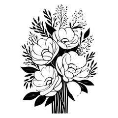 Elegant floral arrangement featuring stylized blossoms and foliage in monochrome