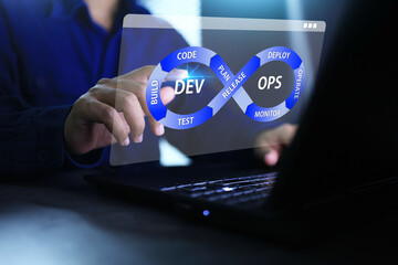 dev ops development and operation concept with programmer using laptop and pointing on devops cycle...