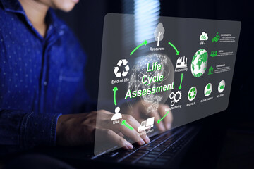 Fototapeta na wymiar Life cycle assessment LCA concept with businessman analysis the cycle of products footprint from start to end to zero carbon dioxide target within 2050