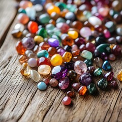 Artisanal Jewelry Gemstones: A Macro Photography Celebration of Colorful Gems and Earth Minerals on Vintage Wood Background