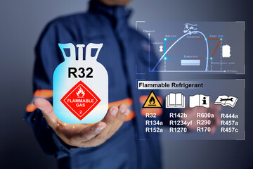 Flammable refrigerant concept engineer holding R32 refrigerant tank caution label sign to warning before using the gas in air conditioner or refrigeration system to service in customer site