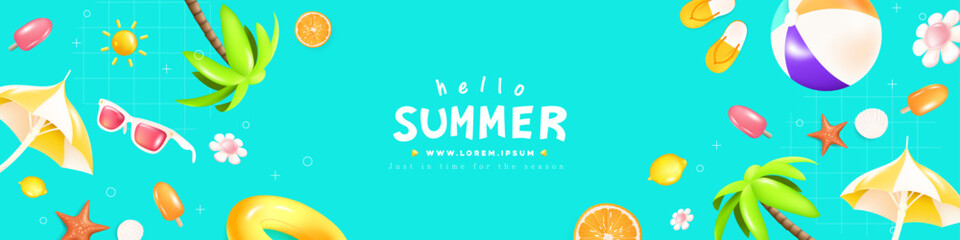Colorful summer web banner with palm trees, umbrella, float, sunglasses, beach ball, and fruit on blue background. Perfect for seasonal websites, ads, and social media headers.
