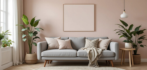 Chic Scandinavian design with a pale blush pink wall, gray mid-century sofa, and light wood side table. Cozy textures and green plants add charm and softness.