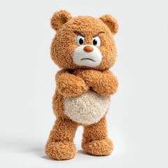 Obraz premium A Grumpy Teddy Bear Stands Defiantly, Arms Crossed, Against a Plain White Background. His Expression Is One Of Clear Discontent.