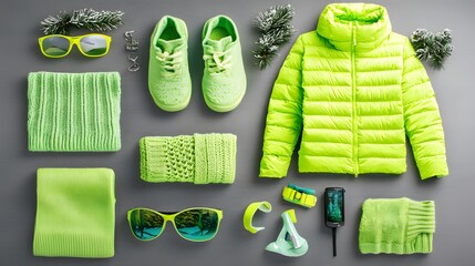 Lime Green Winter Sports Outfit Flat Lay Stylish Jacket Knitwear Sneakers Accessories