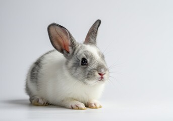 Obraz premium A cute gray and white bunny rabbit sits on a white background looking directly at the viewer