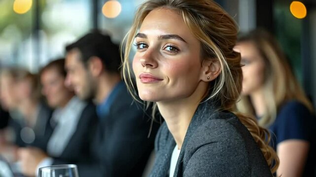 Elegant woman smiling during a corporate event in a modern conference room
