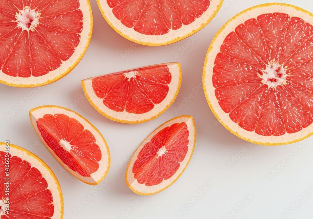 Poster overhead view of sliced ruby red grapefruit on a white surface with natural light