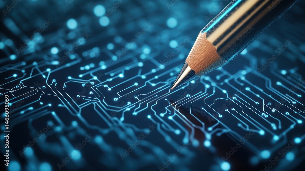 Poster a pencil tip hovers over intricate circuit board traces. detailed close-up view of the complex, glow