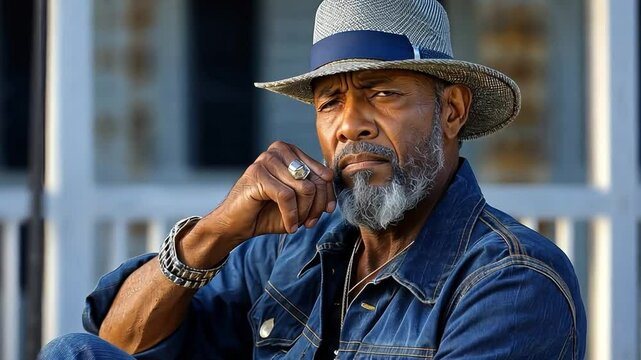 A blues musician playing a harmonica on a front porch, immersed in the soulfulness of the music and storytelling.
