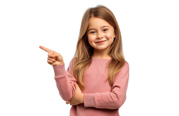Smiling young girl confidently pointing to the side, suggesting direction, idea, or focus, isolated on white background