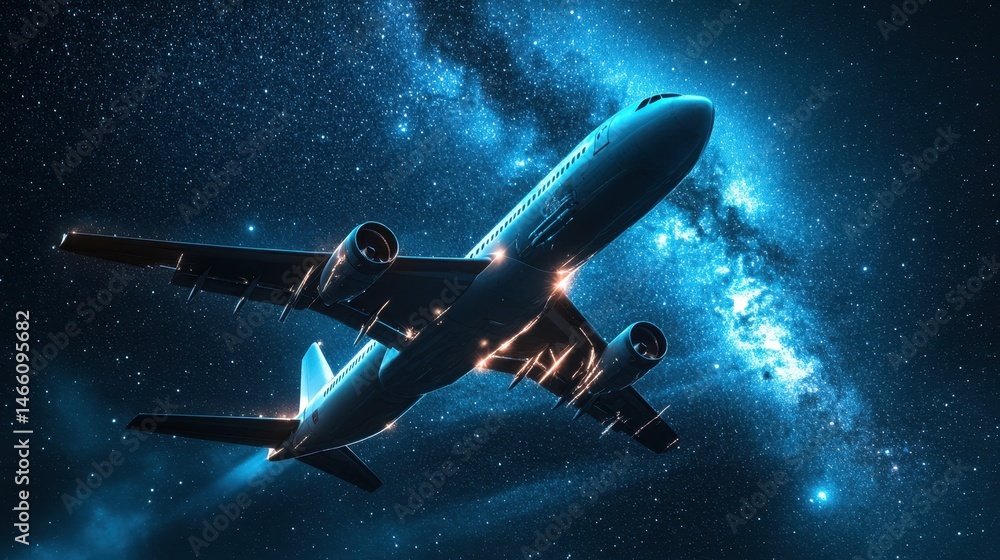 Poster rocket ship soaring through the cosmos with glowing engines in deep space with distant planets visib