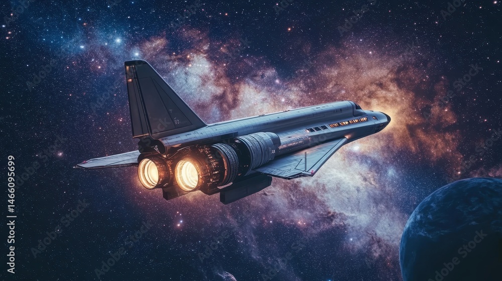 Poster rocket ship soaring through the cosmos with glowing engines in deep space with distant planets visib