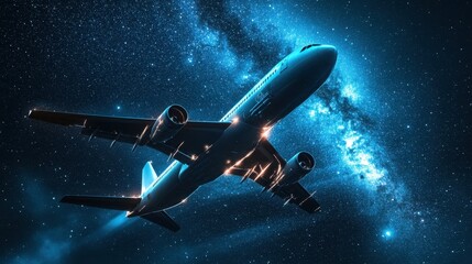 Obraz premium Rocket ship soaring through the cosmos with glowing engines in deep space with distant planets visible