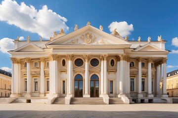 Fototapeta premium A grand yellow mansion featuring a spacious porch and stone foundation.