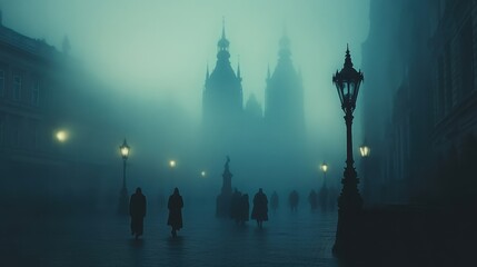 Obraz premium Mysterious silhouettes wander through foggy streets near a historic castle at twilight