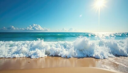 Invigorating ocean waves crash on a sandy shore during a summer day Sun shines brightly on the water , blue sky, coastal
